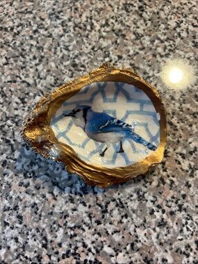 Gold-Trim Decoupage Oyster Shell Blue Jay trinket dish